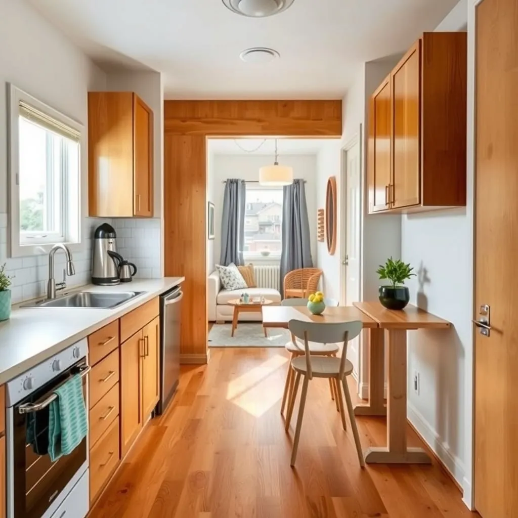 Kitchen and living area inside a small one-bedroom apartment with wood cabinets and a fold-down table