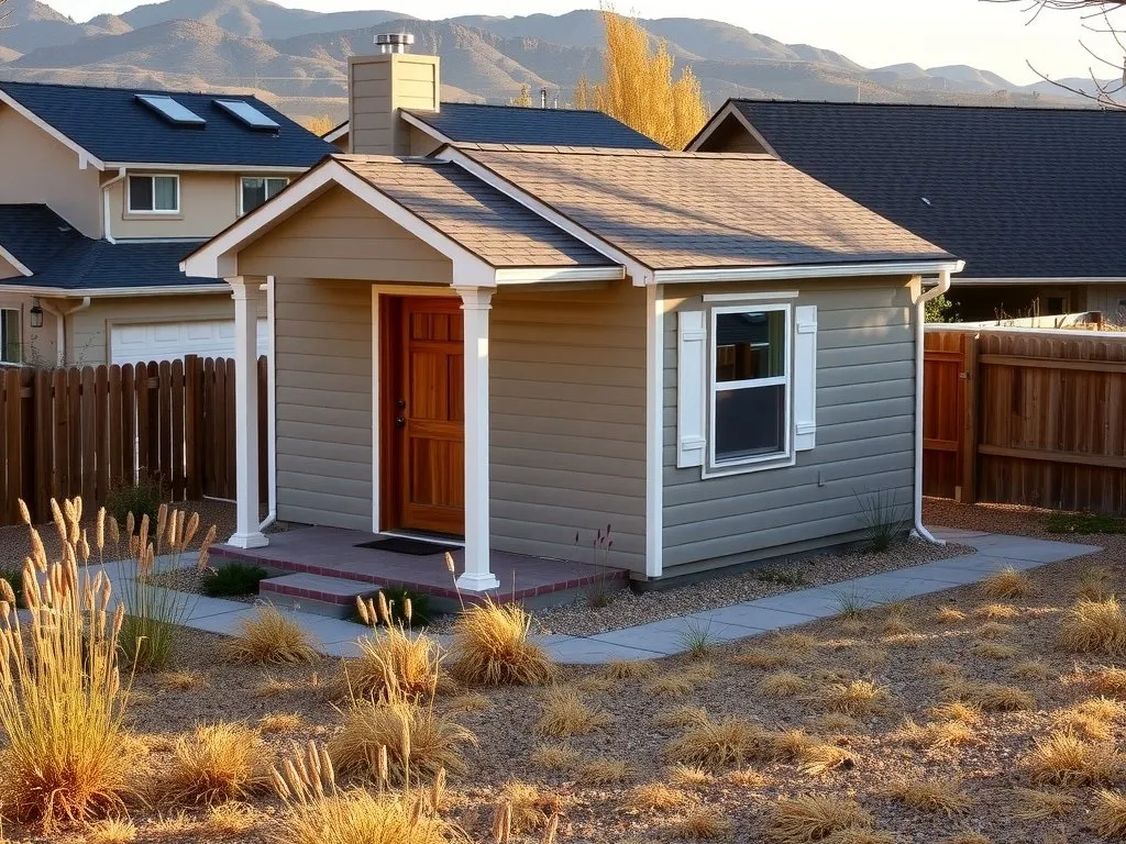 A small detached backyard cottage ADU with a covered porch, in a gravel and prairie-grass yard with mountains behind