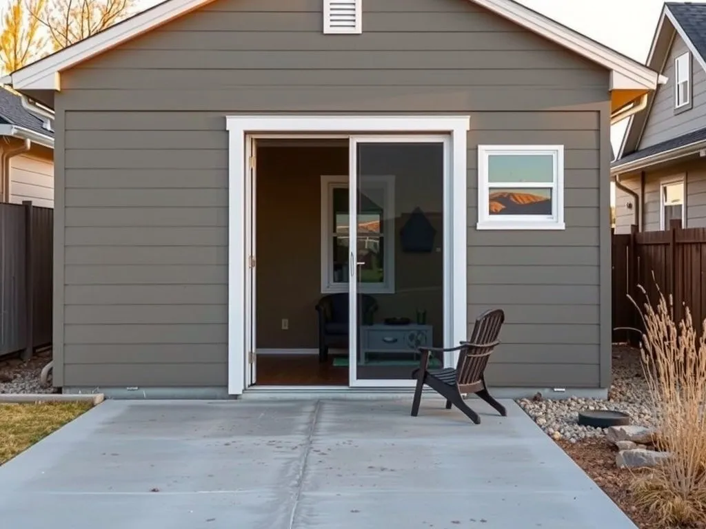 A former detached garage whose wide door opening has been infilled with a glass entry door and window